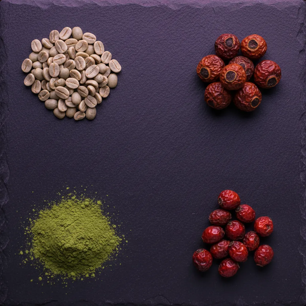 Botanical ingredient flat-lay: green coffee beans, guarana seeds, matcha powder and rosehip - green coffee extract food supplement components